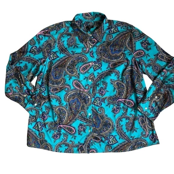 Talbots Classic Button Down Rainbow Multi Color Turquoise Paisley Print Sz 2X - Picture 5 of 16
